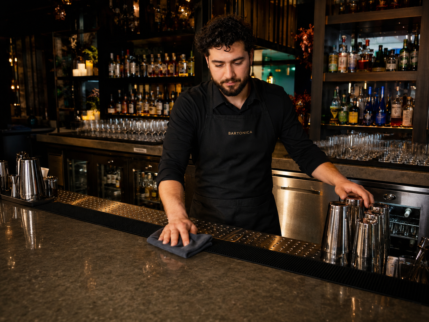 Event barback organizing bar supplies and supporting beverage service