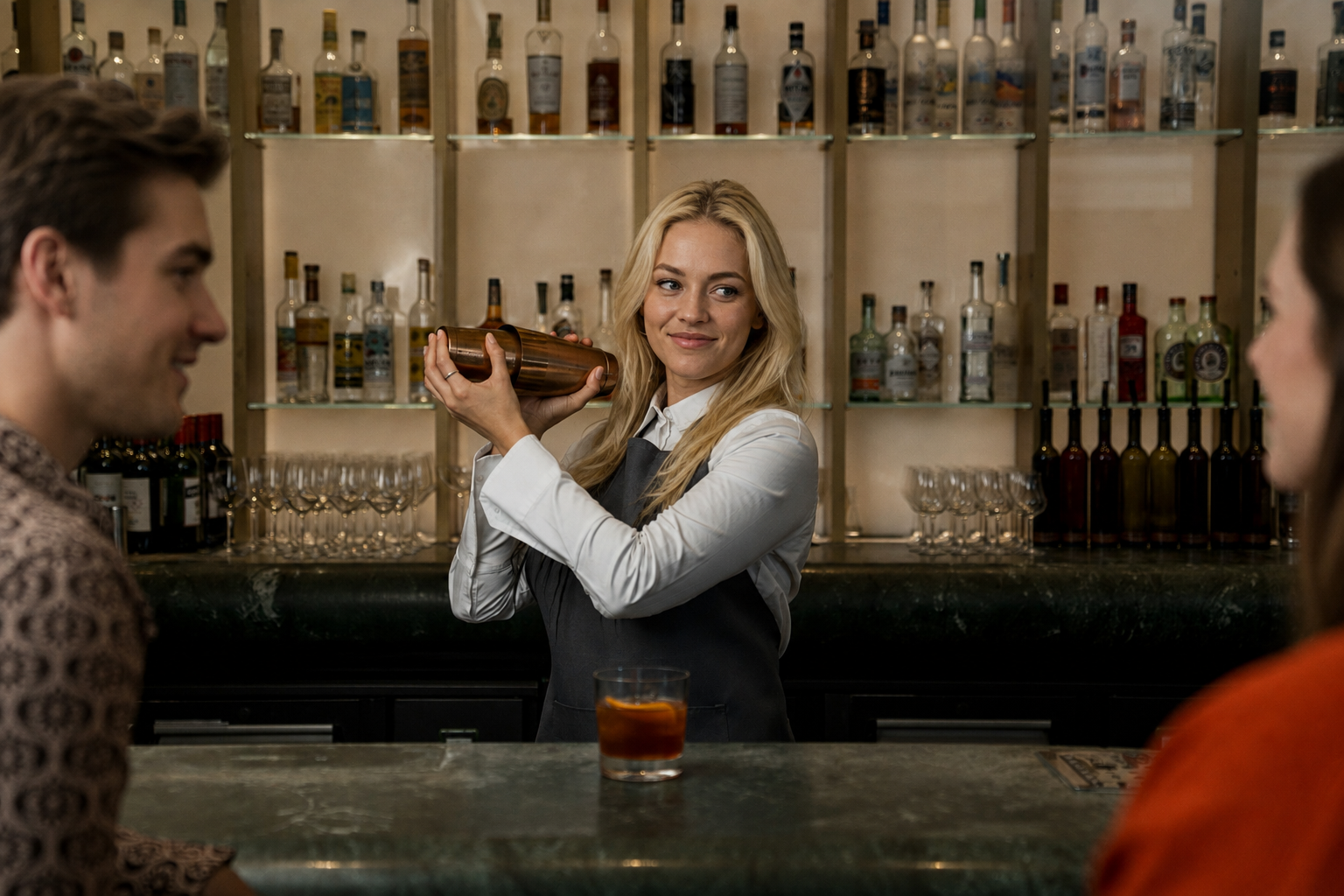 Professional event bartender preparing drinks behind a bar