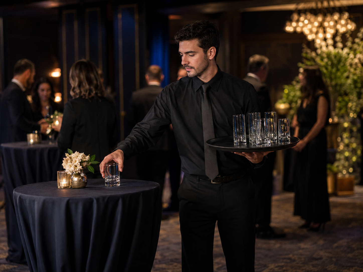 Event busser supporting table service in a formal venue