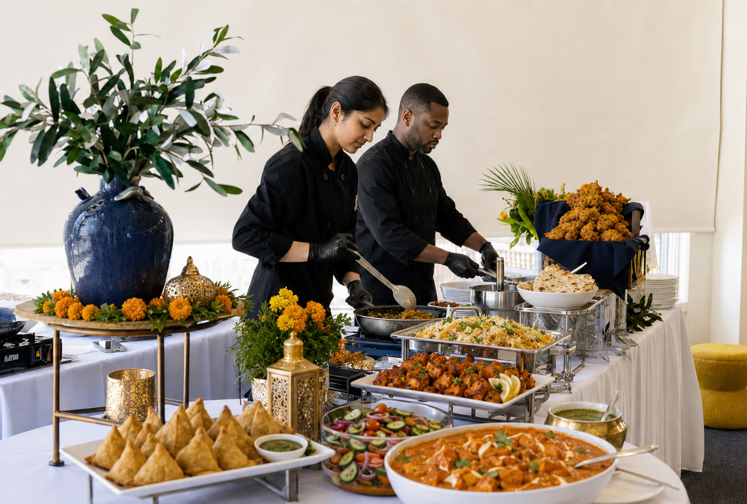 Professional catering team preparing food service for an event