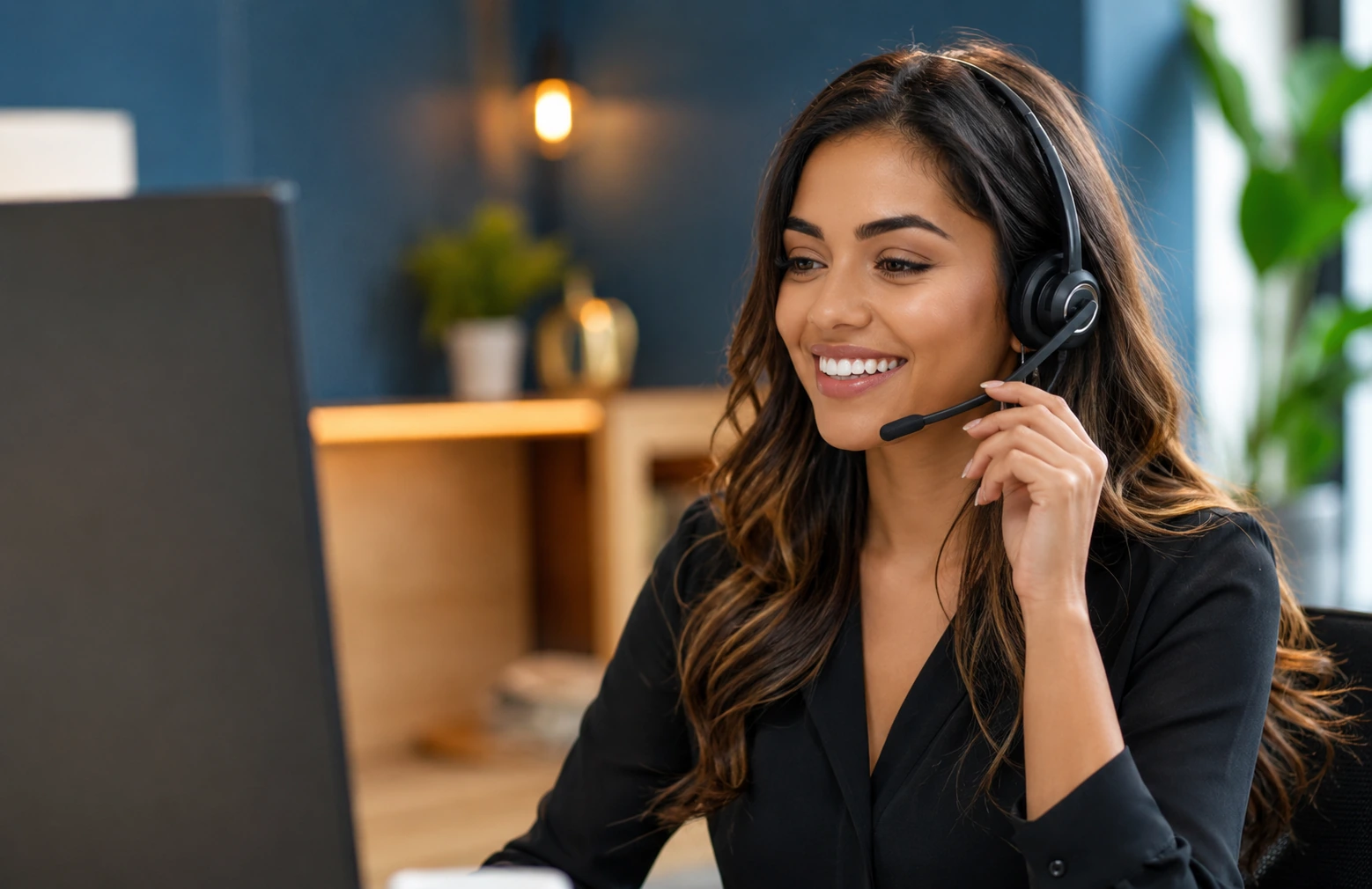 Friendly event staffing representative wearing a headset and assisting a client from a modern office