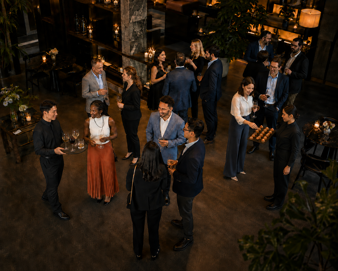 Corporate event guests networking with professional hospitality service