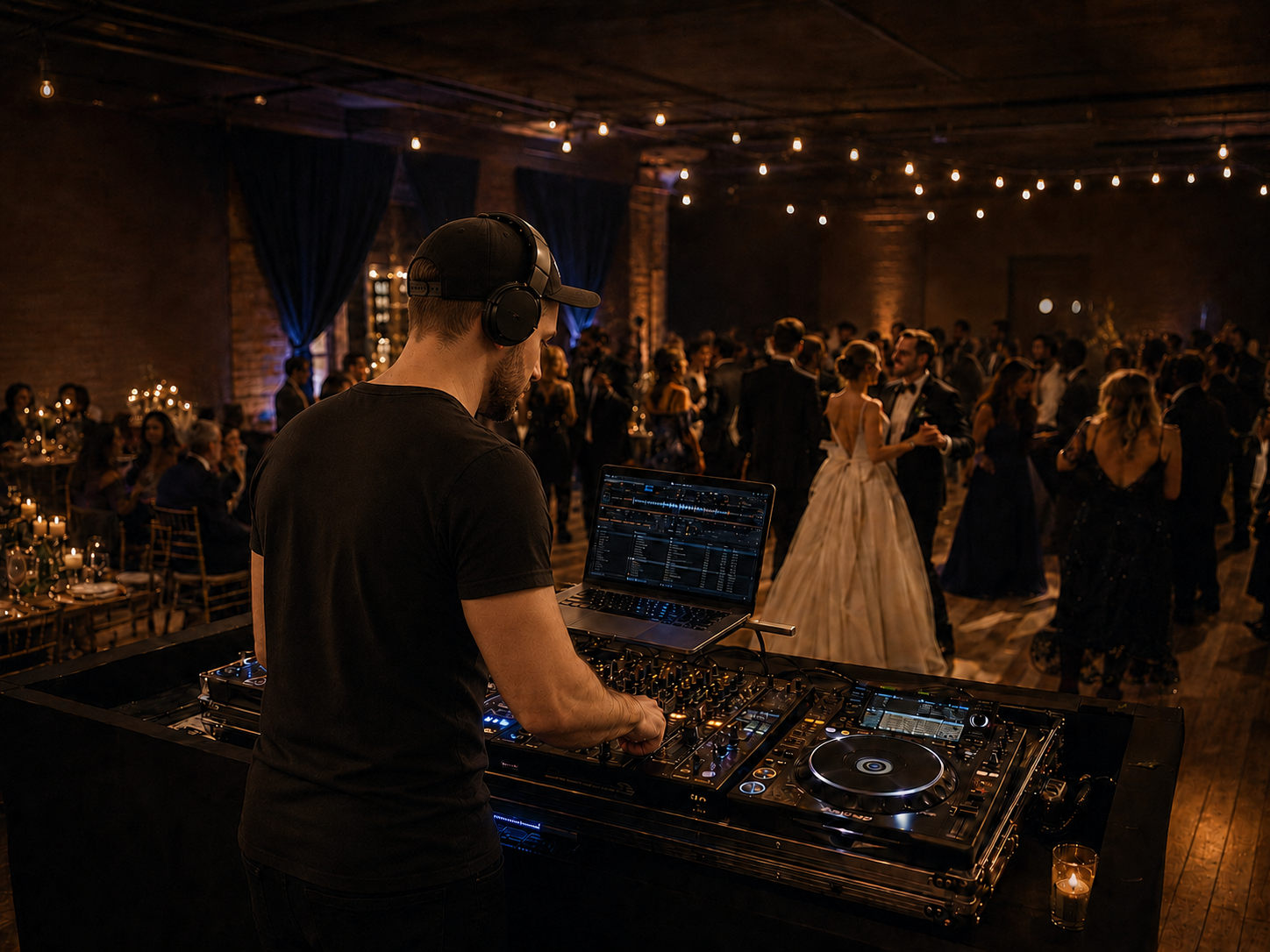 Professional event DJ performing with a laptop and mixing console