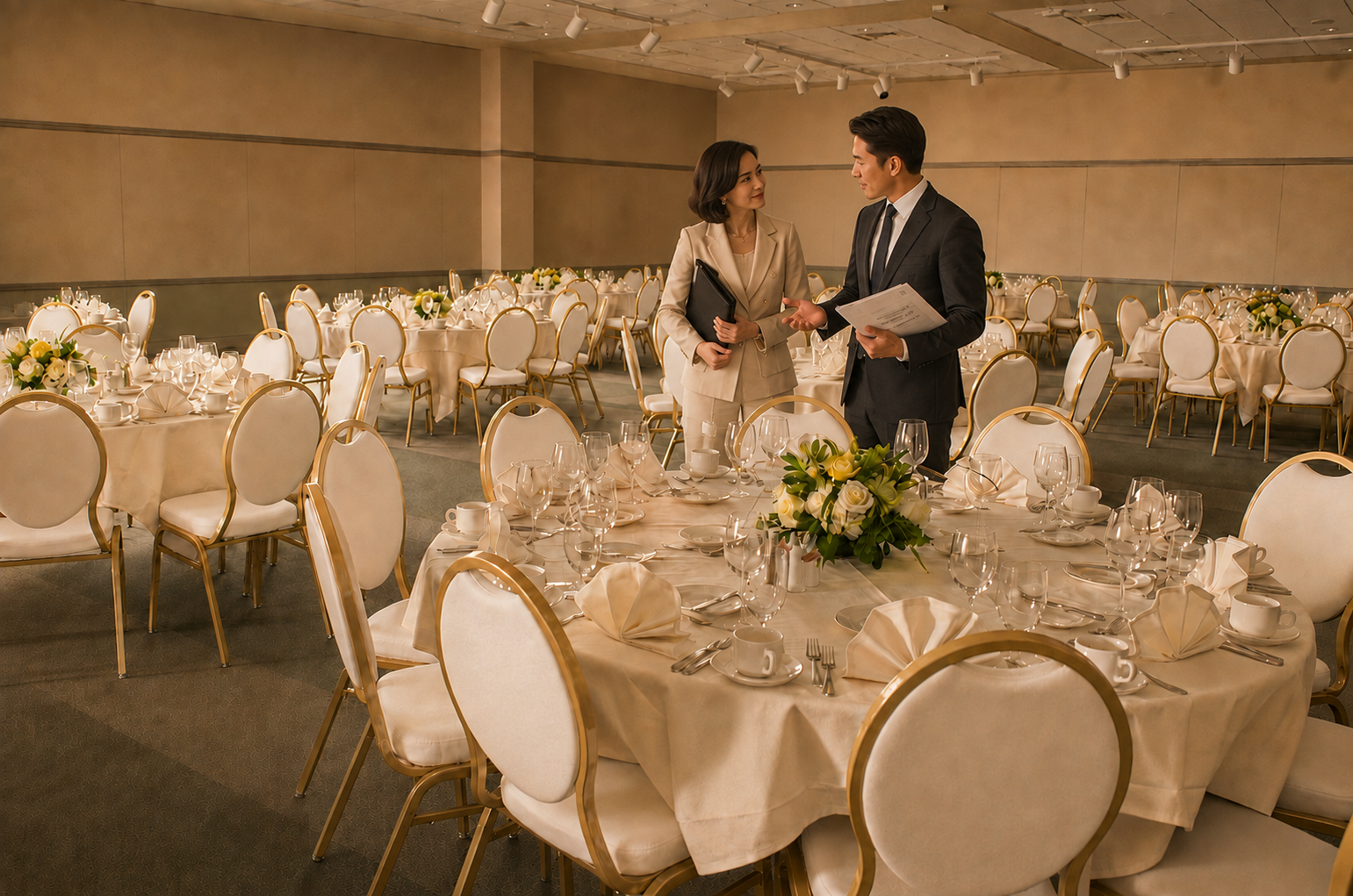 Event planners coordinating details in a formal event venue