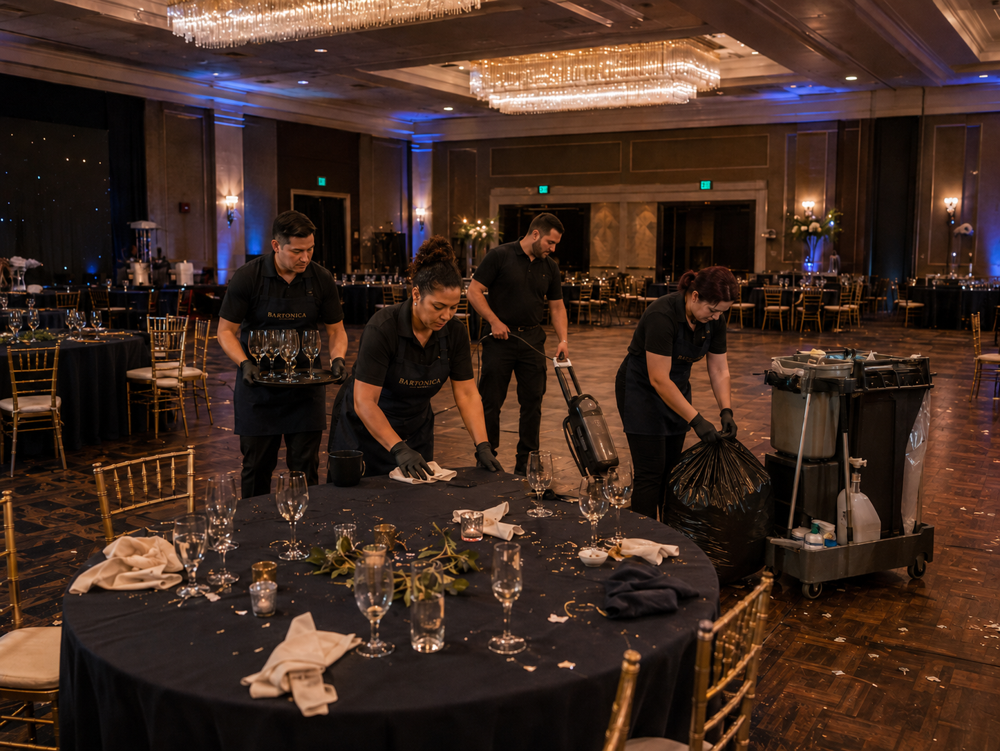 Professional event cleanup staff restoring a venue after an event