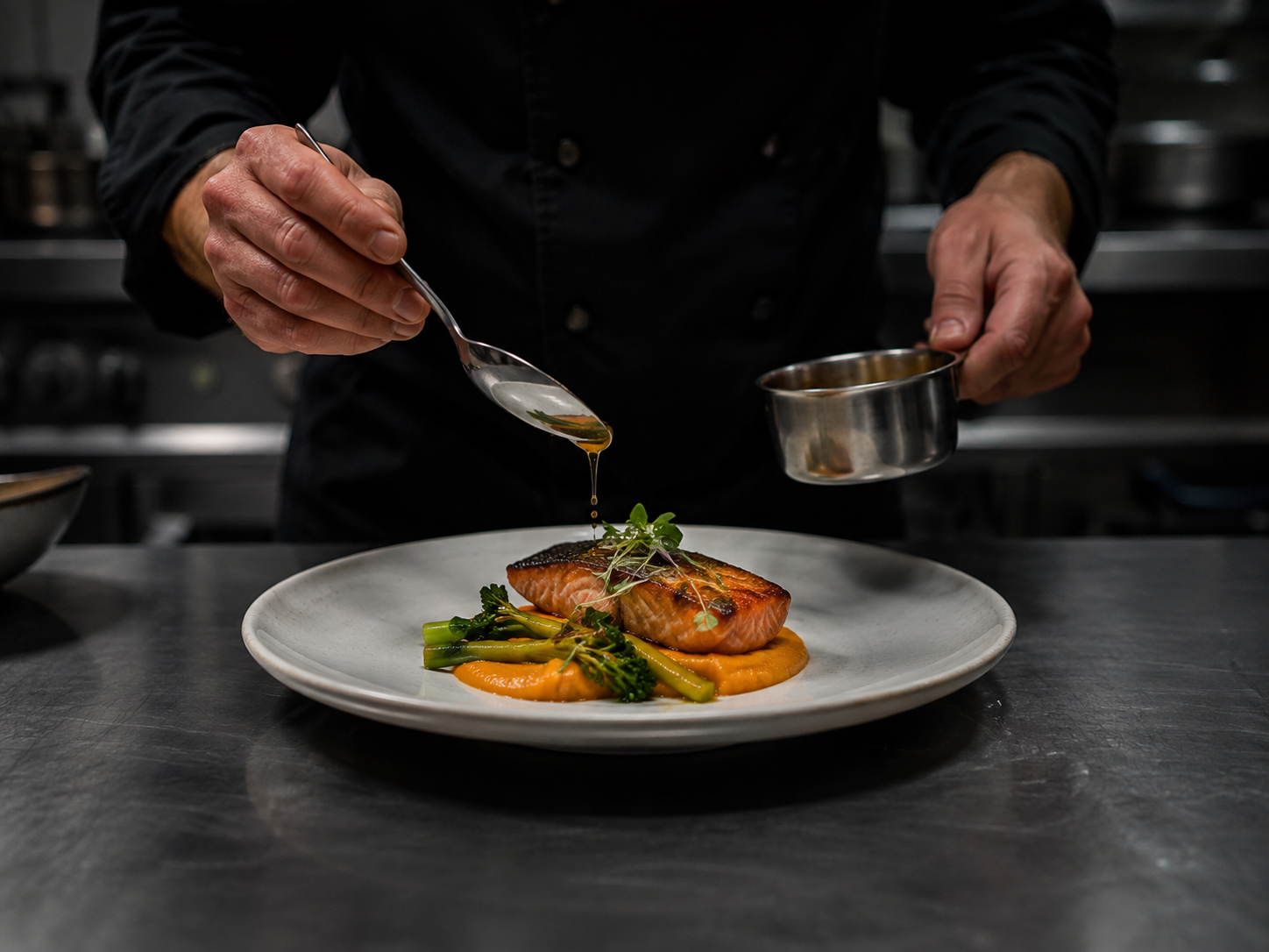 Event prep cook preparing food in a professional kitchen