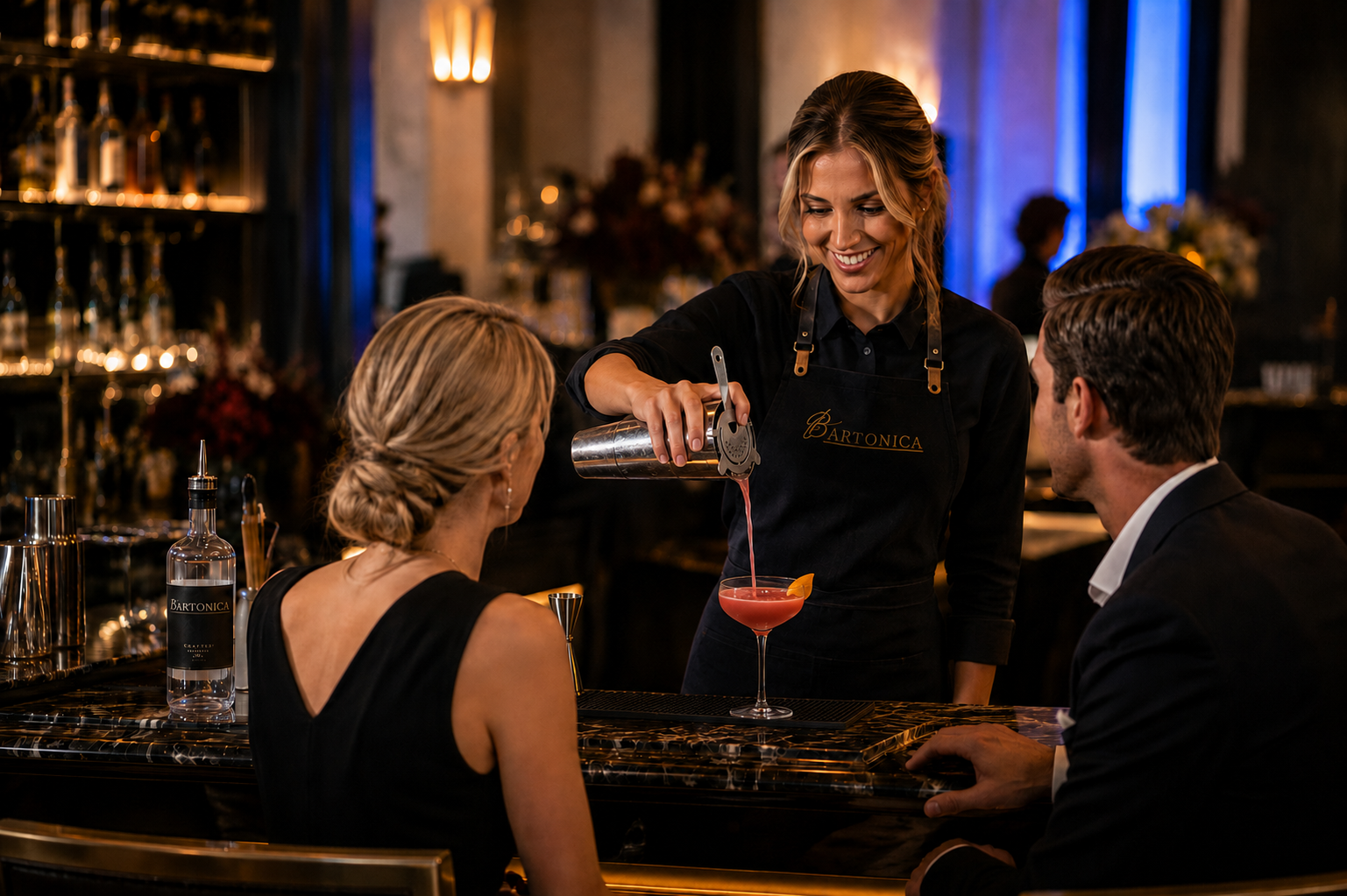 bartender pouring a pink cocktail into a martini glass