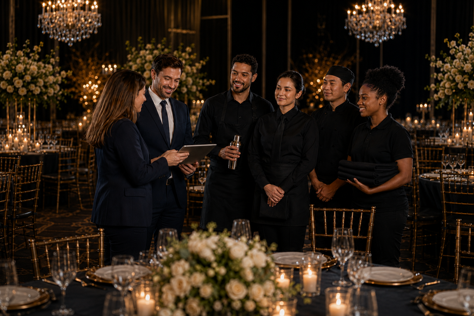 Event organizer reviewing staffing needs with a diverse team of professional hospitality staff